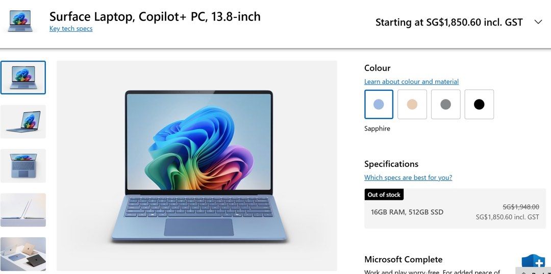 Microsoft Surface Laptop 7th Edition 13.8" Sapphire (Category: Laptops & Notebooks) located in Singapore. Submitted by fletchling (Listing ID 1378427279, Image 1). Description: - Microsoft Surface Laptop 7th Edition - BRAND NEW - Snapdragon X Plus Processor - 16GB RAM - 512GB Storage - Windows 11 Home - A gift for me but I want to use my current own laptop, hence selling it away.