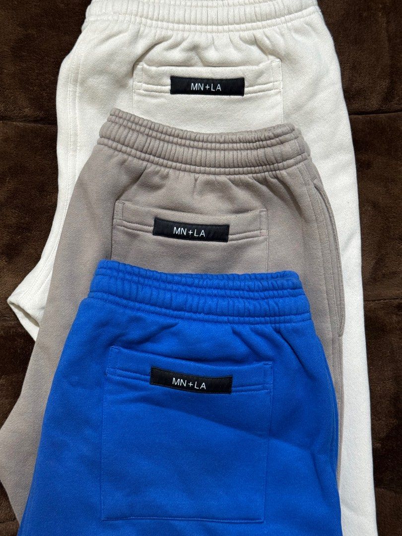 MN+LA sweatpants (Category: Joggers) located in Pasig City. Submitted by _jjjoshtzy (Listing ID 1378351043, Image 1). Description: MN+LA jogger sweatpants (Old release) 🚨AS PACK🚨 All size Large. Check last photo for dimes. Colors: Oat Tan Royal blue Used few times only then nastock na sa cabinet. ⚠️For shipping: LBC or Lalamove only ⚠️Add shipping fee. Thanks!.