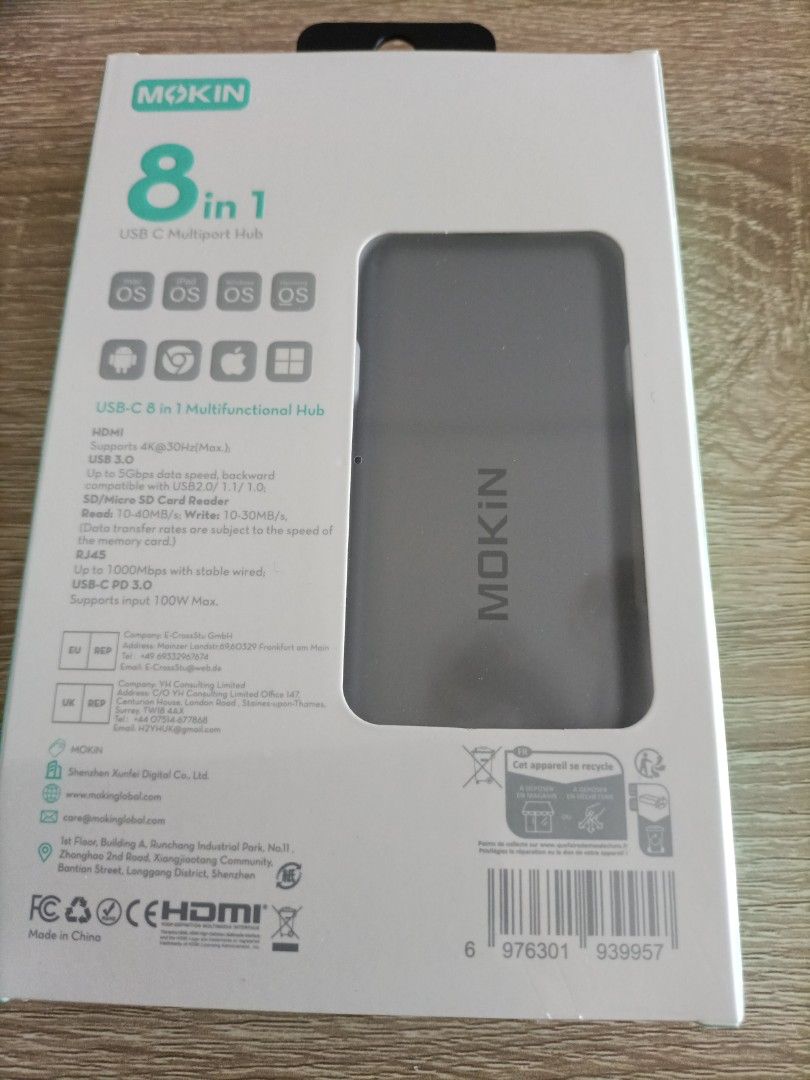 MOKIN 8-in-1 USB-C Multiport Hub (Category: Cables & Adaptors) located in Singapore. Submitted by yuenfongyin (Listing ID 1378390895, Image 2). Description: - Brand new MOKIN 8-in-1 USB-C Multiport Hub - Supports 4K @30Hz - Driver-free setup - 100W PD 3.0 charging - Faster data transfer speeds - Includes SD and Micro SD card slots - Perfect for expanding laptop connectivity - Comes with a 2-year warranty - RTP at courts $99. Selling at $65 (35% d