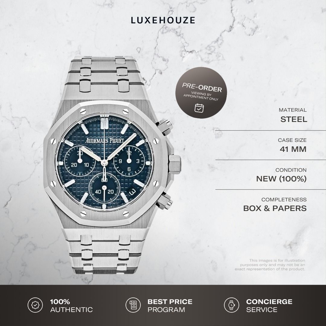 New 2025 Audemars Piguet Royal Oak 41 26240ST.OO.1320ST.05 26240ST Dark Blue (Category: Watches) located in Singapore. Submitted by luxehouze (Listing ID 1365140439, Image 1). Description: Join our Community for special deals and latest arrivals! //bit.ly/LHWatchesSG Watch Details: SKU: 0014128 Condition: New (100%) Dial: Dark Blue Year: 2025 Completeness: Box & Papers This item is available for pre-order. Please contact us to confirm availabilit