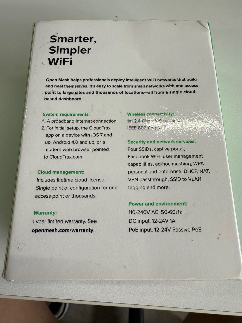 OM2P-NA OM Series Cloud Managed Wireless-N Access Point (Category: Networking) located in Singapore. Submitted by greendragon168 (Listing ID 1378398828, Image 3). Description: Hey there! Selling my OpenMesh OM2P-NA Cloud Managed Wireless-N Access Point. It's in great condition – barely used! This little white box is super sleek and easy to set up. It's got all the ports you'd expect and comes with everything shown in the pics. Perfect for expandi