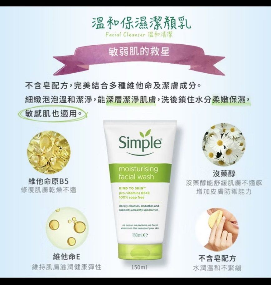 由 imstacygirl (刊登 ID 1378345171，圖片 3) 提交，位於 新北市 (New Taipei) 的 全新～屈臣氏購入正品～一次出貨三瓶，simple清妍溫和保濕潔顏乳150ml 現貨 (類別：護膚、清潔產品)，說明：家人囤物症發作，怕逾期拿出來便宜隨便賣。