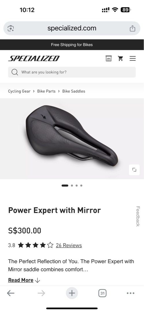 Specialized Power Expert with Mirror Saddle (Category: Parts & Accessories) located in Singapore. Submitted by hoseki888 (Listing ID 1378347281, Image 1). Description: 143mm width. Ride once. Not suitable. Bought a wider seat. .