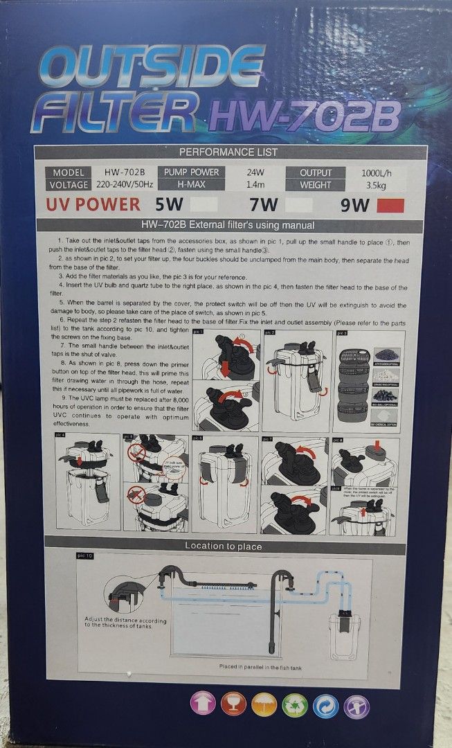 SunSun HW-702B Outside Filter with UV Sterilization (Category: Homes & Other Pet Accessories) located in Singapore. Submitted by snownsnow33 (Listing ID 1378437852, Image 3). Description: - SunSun HW-702B external filter - Built-in UV sterilizer for clear water - Includes all parts (as shown) - High filtration capacity - Promotes beneficial bacteria growth - Easy to maintain.