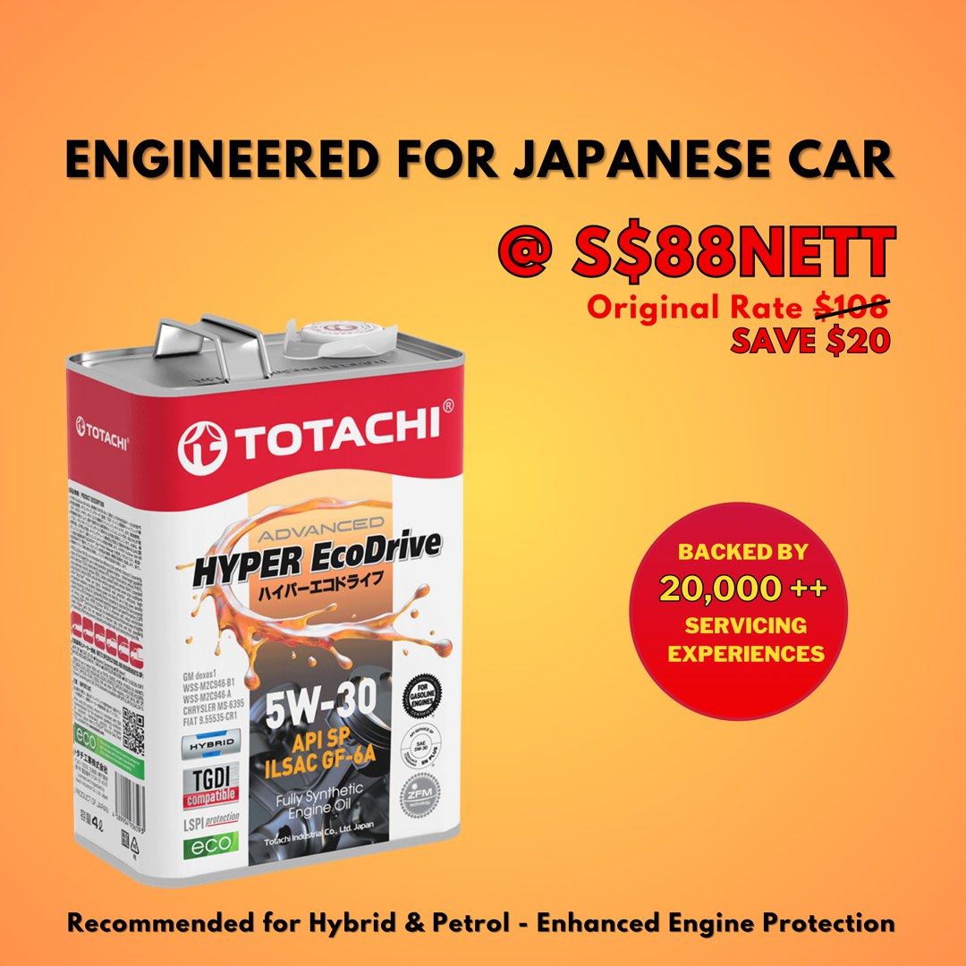 Totachi 5W30 Servicing (Category: Car Workshops & Services) located in Singapore. Submitted by reliable.sg (Listing ID 1378353989, Image 1). Description: With over 20,000 servicing sessions completed, the TOTACHI Hyper EcoDrive Servicing Promo has become a go-to choice for Japanese petrol and hybrid vehicles — trusted for its reliability, quality, and value. Each package features fully synthetic TOTACHI Hyper EcoDrive oil, paired with Bosch or To