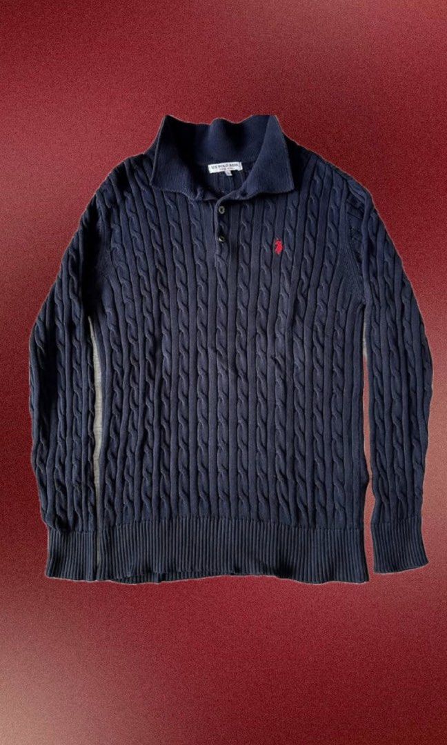 us polo assn navy cable knit collared sweater