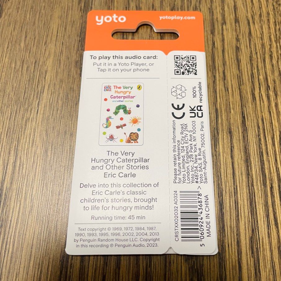 Yoto The Very Hungry Caterpillar Audio Card (Category: Infant Playtime) located in Singapore. Submitted by savvy_purchases (Listing ID 1378409203, Image 2). Description: This Yoto audio card features 'The Very Hungry Caterpillar and Other Stories' by Eric Carle. It's designed for use with a Yoto Player. - 36-minute audio recording of classic children's stories. - Perfect for young listeners! - https://uk.yotoplay.com/products/the-very-hungry-cate