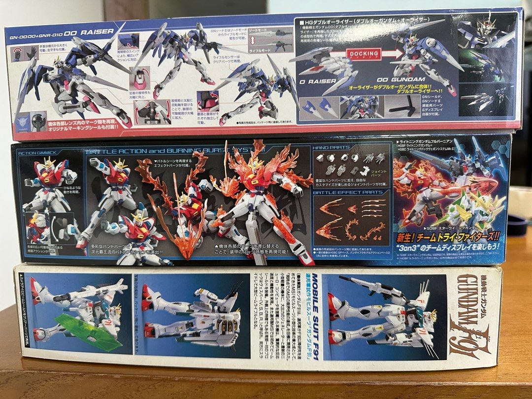 Bandai HG 1/144 OO Raiser, Try Burning Gundam, F91 Model Kits (Category: Gundam Model Kits) located in Singapore. Submitted by stingray456 (Listing ID 1383774670, Image 2). Description: $50 for all 3 models - Gunpla model kit bundle for sale. - Includes: - HG 1/144 OO Raiser (Gundam 00) - Try Burning Gundam - Gundam F91 - All kits are new and unopened. - Perfect for Gundam enthusiasts and model kit builders. - Get building!.
