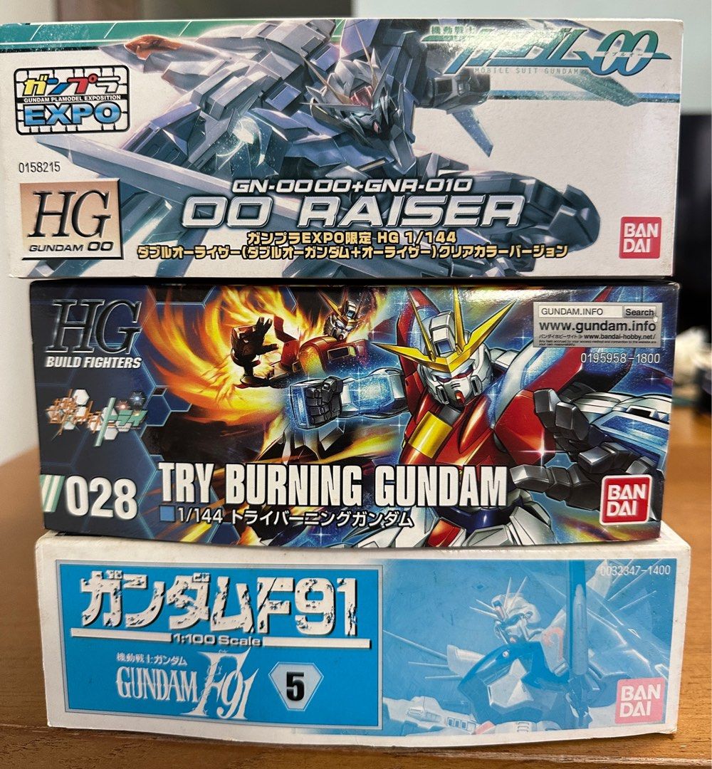 Bandai HG 1/144 OO Raiser, Try Burning Gundam, F91 Model Kits (Category: Gundam Model Kits) located in Singapore. Submitted by stingray456 (Listing ID 1383774670, Image 1). Description: $50 for all 3 models - Gunpla model kit bundle for sale. - Includes: - HG 1/144 OO Raiser (Gundam 00) - Try Burning Gundam - Gundam F91 - All kits are new and unopened. - Perfect for Gundam enthusiasts and model kit builders. - Get building!.