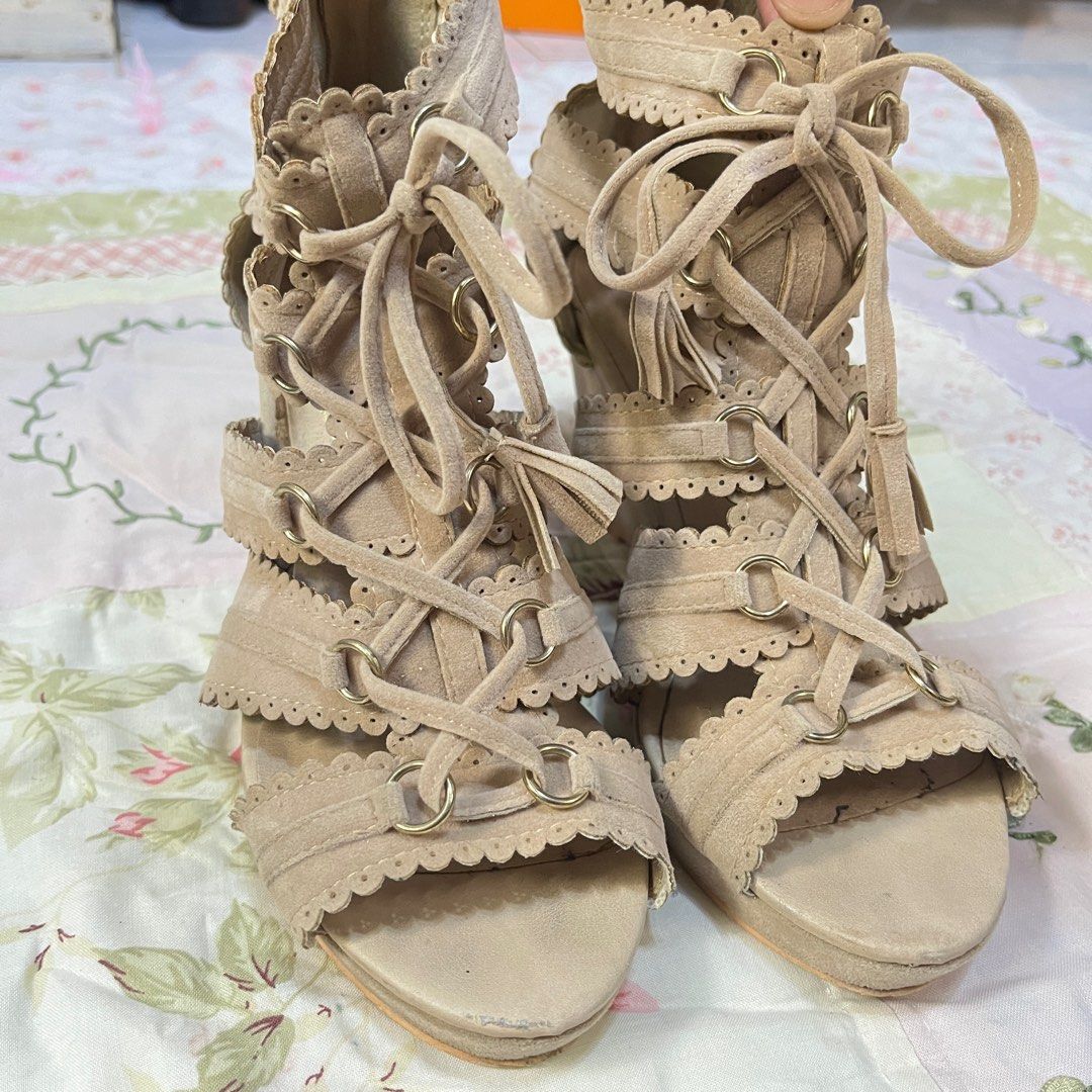 Beige Laced Up Coquette Wedge Heels (Category: Wedges) located in Angeles City. Submitted by ransteria (Listing ID 1383675185, Image 2). Description: 𐙚⋆ size: 24cm | US 7 ⤷ soft suede material ⤷ flaw: rugby stain (was already there when i bought it) & chipped insole .