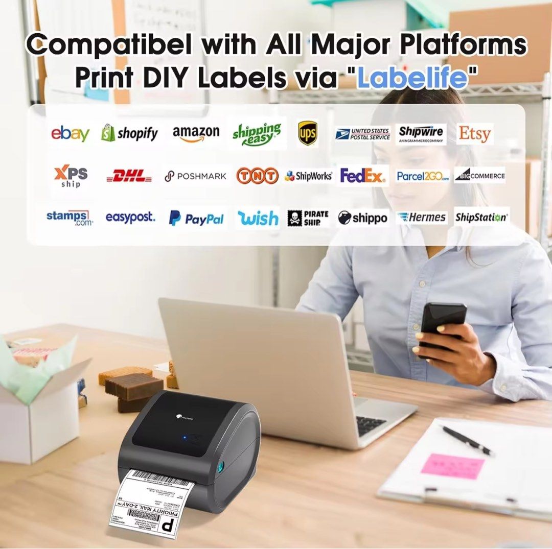 Large variant Bluetooth Waybill printer for different label types (Category: Printers, Scanners & Copiers) located in Makati City. Submitted by apricooutdoors (Listing ID 1383691778, Image 2). Description: Phomemo D520BT Thermal Waybill Printer - Brand new - with free 80pcs rolled A6 stickers - Large size capacity - USB+Bluetooth - can do A6 Shipping Label - Printer Inkless Sticker - Clear print - Smooth printing (auto-adjust printer head) - Grea