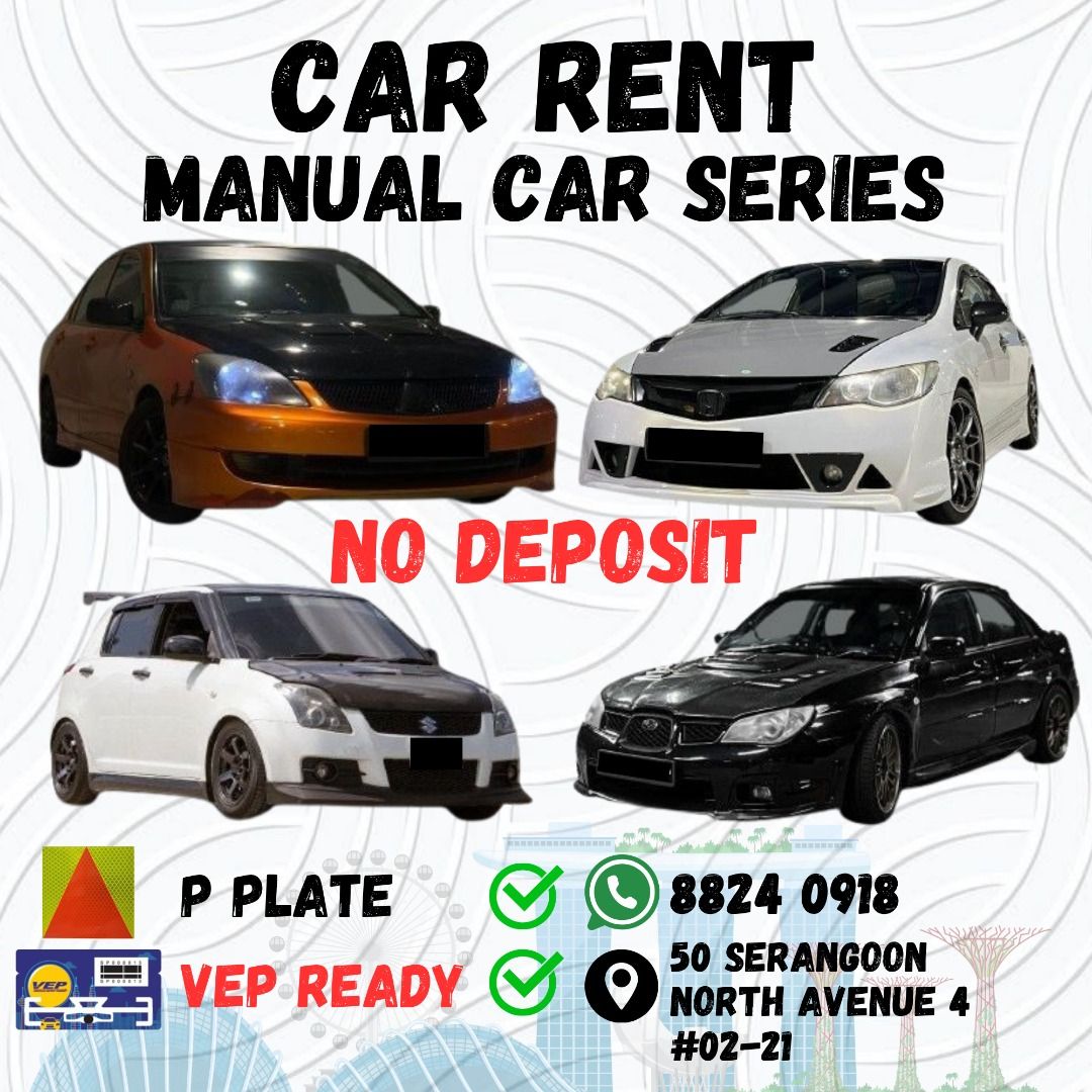 CHEAP MANUAL CAR RENTAL !!! HONDA CIVIC / SUBARU / SUZUKI SWIFT P PLATE & MALAYSIA WELCOME !!! (Category: Car Rental) located in Singapore. Submitted by ezcarrent (Listing ID 1284599595, Image 1). Description: MANUAL CAR SERIES !!! MITSUBISHI CS3, SUBARU IMPREZA, HONDA CIVIC, SUZUKI SWIFT SPORT 🚗 VEHICLE FEATURE ✅ IN-BUILT BLUETOOTH READY MONITOR 🙅‍♂️ NO DEPOSIT ✅ P PLATE WELCOMED ✅ MALAYSIA WELCOMED 💰💰💰 ❗️WEEKDAY RATE : $85-100 (MON - THUR)