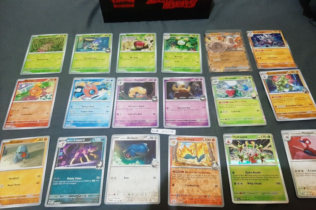 Destined Rivals Pokemon Set (Assorted) (Category: Raw Singles) located in Manila. Submitted by bookshopalexandria2014 (Listing ID 1383844801, Image 1). Description: Destined Rivals Holos/ Rev Holos 18 + 40 cards (SET) Personally pulled and never played with Regirock Ex Shroomish Blipbug Applin Dolliv Annihilape Torchic Wash Rotom Dottler Drowzee Roserade Tyranitar Nosepass Liepard Beldum Quilava Hydrapple Porygon2 DRI Nonrepeating bulk (35 cards)