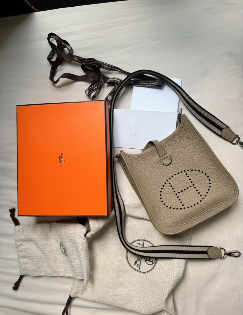 HERMES 25S MINI EVELYNE 18 IN BEIGE MARFA PATTERNED STRAP CALFSKIN SILVER HARDWARE