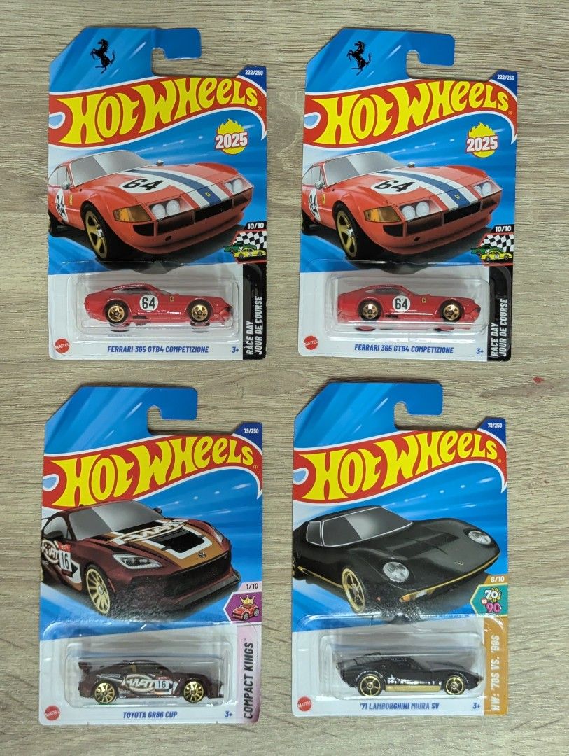 Hot Wheels (Category: Vehicle & Diecast Models) located in Las Pinas. Submitted by jay9191 (Listing ID 1383782202, Image 1). Description: Hot Wheels Get all 4 for only 700 Ferrari 1 - 200 ( j hook and crease) Ferrari 2 - 250 ( j hook light dent) Toyota GR86 - 150 (crease) Lamborghini - 150 mint Items in Las Pinas.