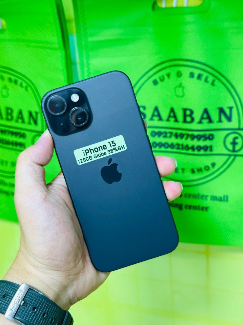 iPhone 15 128GB 98%BH Globelocked 99%smooth No issues (Category: iPhone 15 Series) located in San Juan City. Submitted by saabangadgetshop (Listing ID 1383700571, Image 1). Description: Onhand | Pre-owned iPhone 15 128GB GLOBELOCKED NTC APPROVED Battery Health 98% NO HIDDEN ISSUES NO HISTORY OF REPAIR 99%Smooth TEST TO SAWA RESET ALL YOU WANT TEST ALL YOU WANT NOT REFURBISHED AUTHENTIC PHONE ALL WORKING (FREE 3UTOOLS) iPhones iPads only 🆓Freebie
