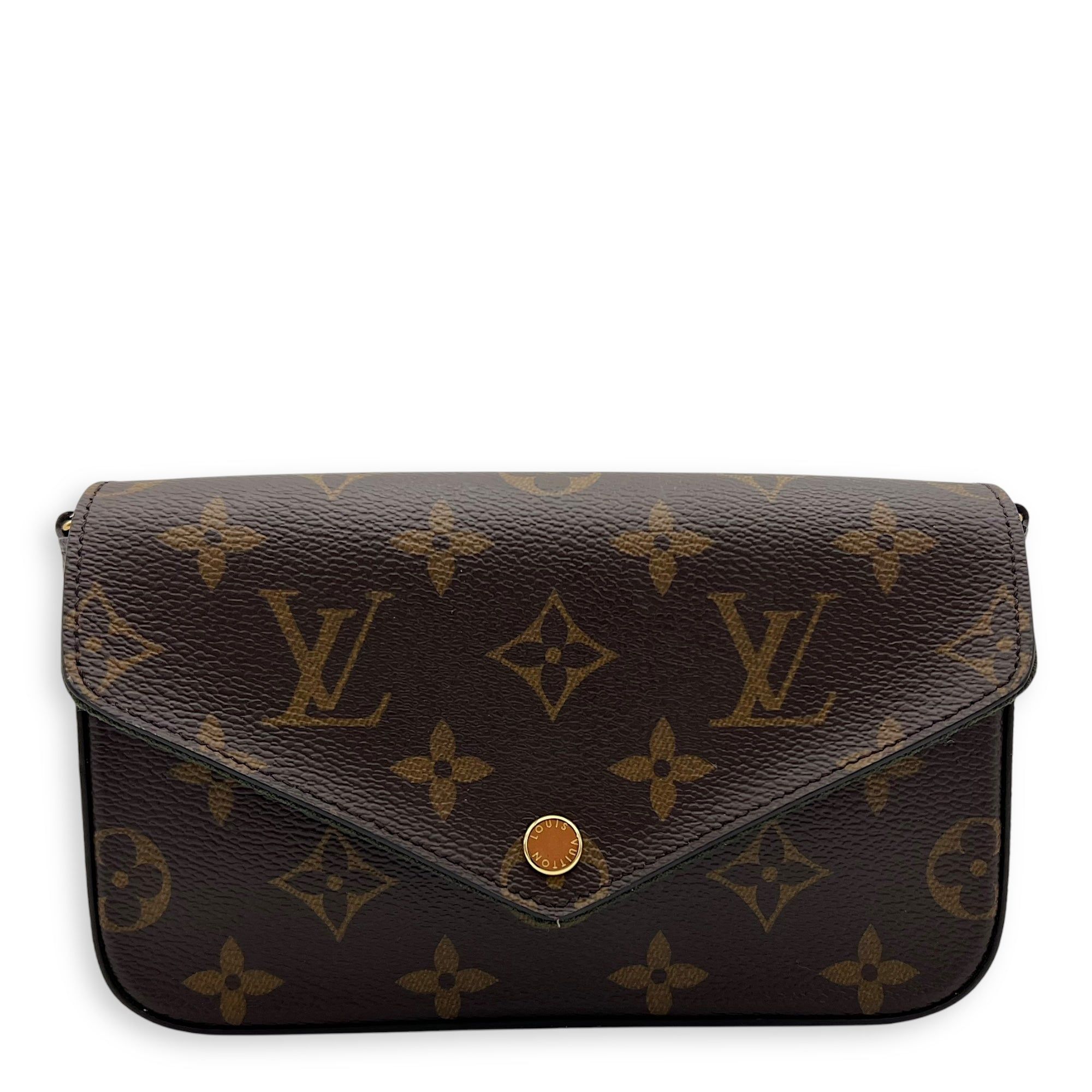 Louis Vuitton Felicie Strap & Go Brown Crossbody Bag in Monogram Coated Canvas, Gold hardware (Category: Bags & Wallets) located in Singapore. Submitted by carousellluxury (Listing ID 1356513796, Image 1). Description: SKU S2408-000390VZ Material Monogram Coated Canvas Color Brown Hardware Gold Strap Included, detachable Dimension 17cm x 9cm x 3.5cm Accessories Dust Bag, Series RFID Circa Est NA Microchipped TRUE Condition - Surface: very good co