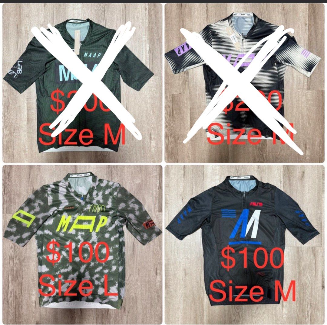 Maap Jerseys Assorted (Category: Activewear) located in Singapore. Submitted by crazyelephantsingapore (Listing ID 1372544321, Image 1). Description: Brand new with tag jerseys -$200 Like new condition - $100 Not CSPD Rapha PNS PAS Normal Studios Syndicate Comme Studios .