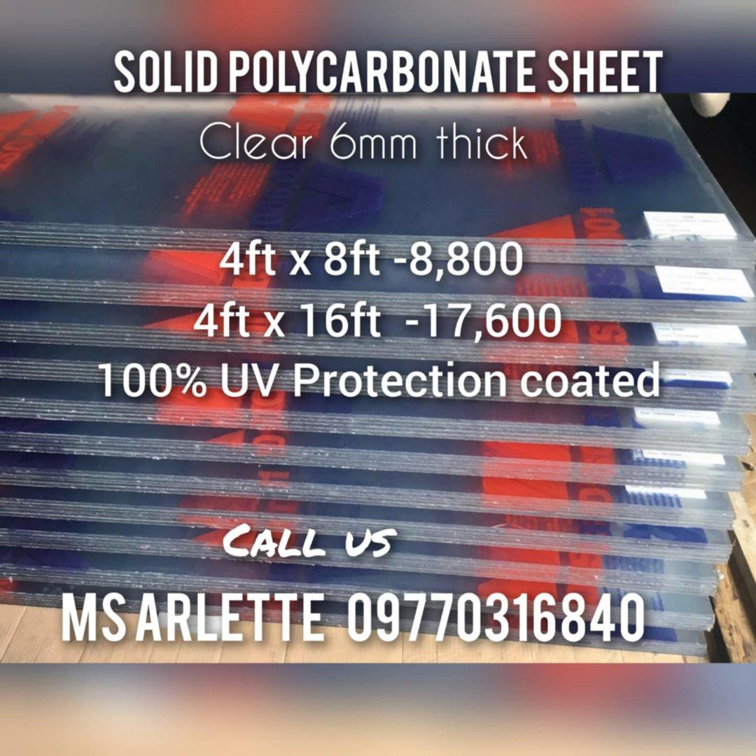 Polycarbonate Solid sheet skylight roofing (Category: Construction & Building Materials) located in Manila. Submitted by arletteroble (Listing ID 1383773009, Image 1). Description: Polycarbonate Solid Sheet skylight roofing Available in 2mm,3mm,4.5mm & 6mm Clear and bronze Price negotiable Discounted price UV Protected sheet ISO certified .