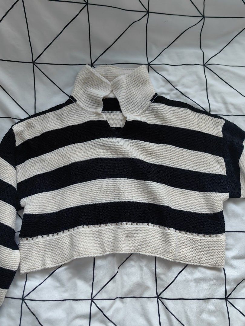 Shein stripped drop shoulder crop top sweater (Category: Longsleeves) located in Manila. Submitted by sasaweee (Listing ID 1383777028, Image 2). Description: -Small to extra large frame, super comfy - perfect ootd for Baguio, cold weather, etc - bought this at Shein for 615 pesos - once used -rfs: decluttering.