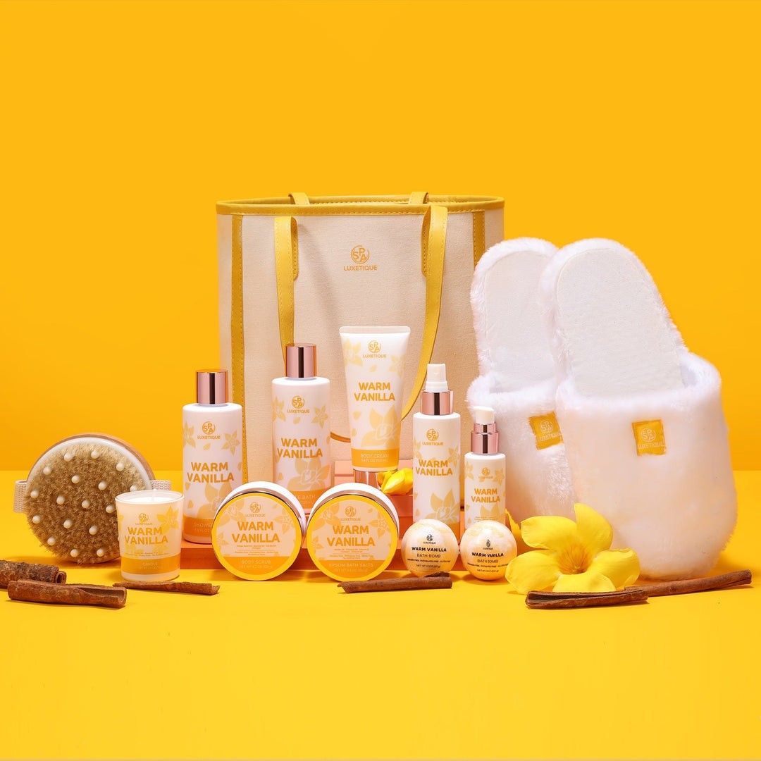 SPA LUXETIQUE WARM VANILLA GIFT SET 12pcs (Category: Bath) located in Manila. Submitted by ana_essentials56 (Listing ID 1383797721, Image 2). Description: SPA LUXETIQUE WARM VANILLA GIFT SET 12pcs / P899only FRAGRANCE Vanilla, Cream, Caramel SET CONTENTS Shower Gel 200ml Bubble Bath 200ml Body Cream 100ml Body Oil 55ml Candle 75g Body Scrub 120g Epsom Bath Salts 100g Bath Bomb 2* 50g Fragrance Mist 115ml Body Brush * 1 Slippers * 1 Tote Bag * 1.