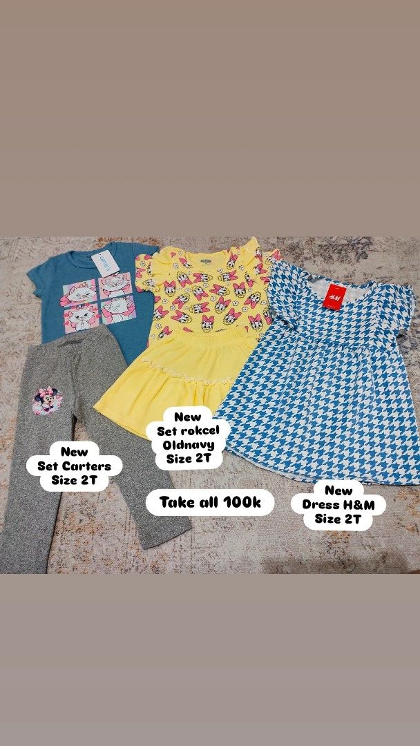 Takeall baju anak size 2tahun (Kategori: 1 hingga 3 tahun) berada di Bogor. Dikirim oleh sylviapuspita (ID iklan 1383737943, Gambar 1). Deskripsi: edisi ngabisin bundling 3pcs (take all ) 100k barang new semua 1. set carters size 2t 2. set rokcel oldnavy size 2t 3. dress anak H&M size 2t.