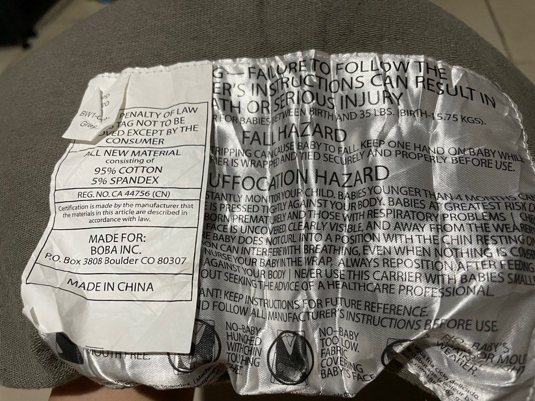 Used Boba Baby Wrap (Category: Carriers & Slings) located in Quezon City. Submitted by Aprelovedshop (Listing ID 1380960296, Image 2). Description: Gray color Bobab baby wrap Slightly used 2nd photo actual color.