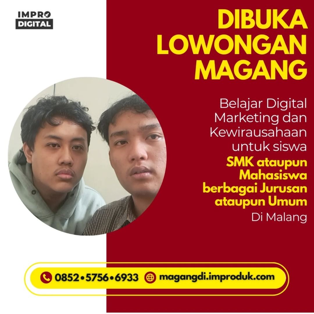 0852-5756-6933, Tempat PKL Manajemen Bisnis di Batu (Kategori: Baju Bayi) berada di Malang. Dikirim oleh infopklbisnis (ID iklan 1383892204, Gambar 3). Deskripsi: Tempat PKL Manajemen Bisnis di Batu, Tempat Magang Jurusan Ekonomi Bisnis, Lowongan Magang Belajar Bisnis Online, Info Pendaftaran PKN Mahasiswa, Daftar Magang Kewirausahaan, Progam Magang Mahasiswa di Batu IMPro Digital adalah pelaku usaha yang bergerak di bidang Pemasaran Online dan P