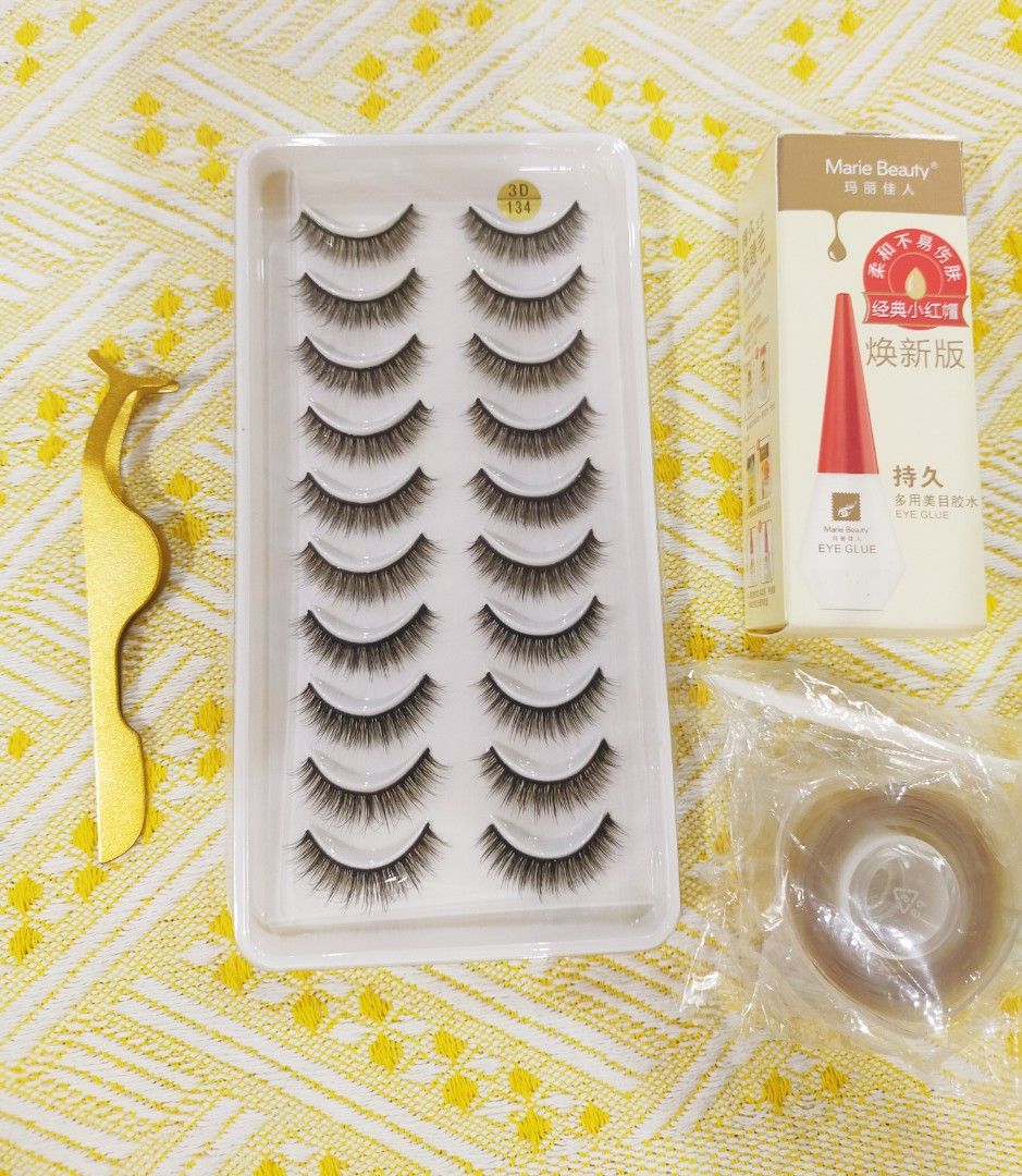 10 pairs Eyelashes Set (Category: Makeup) located in Quezon City. Submitted by floreskari78555 (Listing ID 1384004720, Image 1). Description: 10 pairs Eyelashes plus glue,tweezer and eyelid tape set 460php‼️ 10 pairs Eyelashes ( choose from 3D133,3D134 & 3D129) 1 Marie Beauty Eyelash Glue (black or white) 1 Eyelid Tape oval (sticker type) 1 T Shaped Tweezer (Gold) Easy to use❤️ Complete set💯 Legit seller❤️ Available onhand for same day delivery 