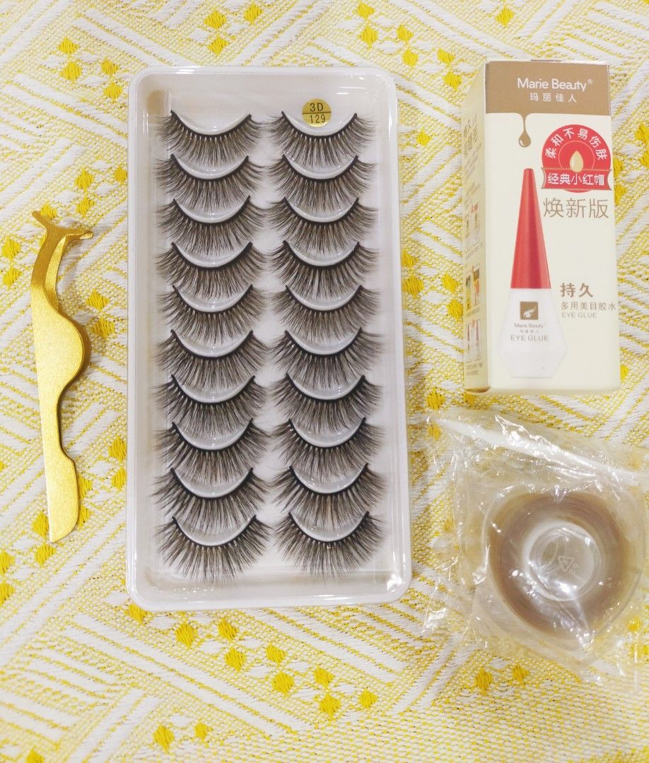 10 pairs Eyelashes Set (Category: Makeup) located in Quezon City. Submitted by floreskari78555 (Listing ID 1384004720, Image 2). Description: 10 pairs Eyelashes plus glue,tweezer and eyelid tape set 460php‼️ 10 pairs Eyelashes ( choose from 3D133,3D134 & 3D129) 1 Marie Beauty Eyelash Glue (black or white) 1 Eyelid Tape oval (sticker type) 1 T Shaped Tweezer (Gold) Easy to use❤️ Complete set💯 Legit seller❤️ Available onhand for same day delivery 