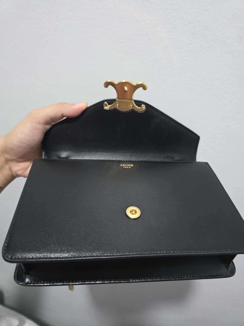 Authentic Celine Chain Wallet Margo Black/Gold (Category: Luxury Bags & Wallets) located in Manila. Submitted by bl0ss0ms711 (Listing ID 1384040689, Image 3). Description: Authentic and purchased only in April 2024 Japan Comes with box, dustbag and original receipt Good as New 19.5 X 12 X 4 CM (APPROXIMATE) CALFSKIN CALFSKIN LINING GOLD FINISH HAND CARRY & SHOULDER CARRY & CROSSBODY CARRY TRIUMPH METAL SNAP BUTTON CLOSURE MAIN COMPARTMENT X 1 CRE