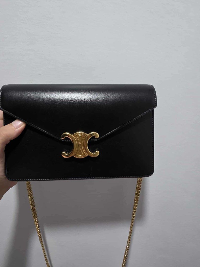 Authentic Celine Chain Wallet Margo Black/Gold (Category: Luxury Bags & Wallets) located in Manila. Submitted by bl0ss0ms711 (Listing ID 1384040689, Image 2). Description: Authentic and purchased only in April 2024 Japan Comes with box, dustbag and original receipt Good as New 19.5 X 12 X 4 CM (APPROXIMATE) CALFSKIN CALFSKIN LINING GOLD FINISH HAND CARRY & SHOULDER CARRY & CROSSBODY CARRY TRIUMPH METAL SNAP BUTTON CLOSURE MAIN COMPARTMENT X 1 CRE