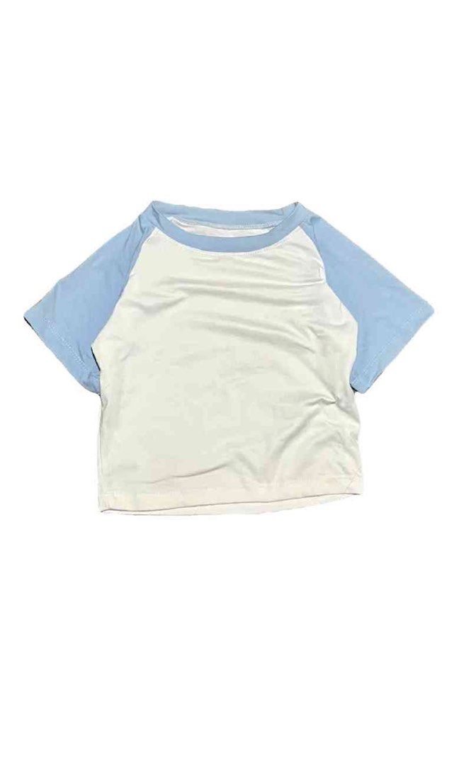 Blue and white semi-cropped top (Category: Shirts) located in Cabuyao City. Submitted by harthaaa (Listing ID 1383972264, Image 2). Description: Pre-loved cute blue and white semi-cropped shirt 💋 size small - medium 💋 twice used 💋 first photo outfit inspo only .