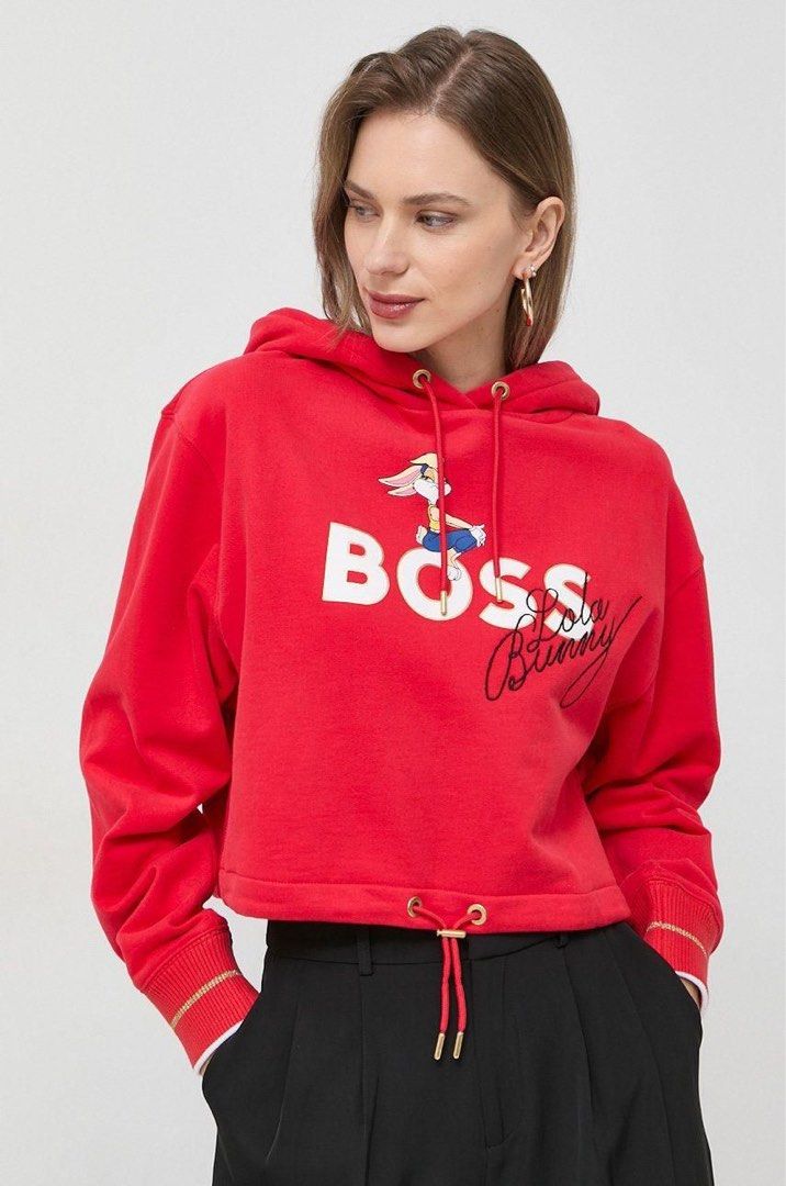 BOSS x Lola Bunny Red Cropped Oversized Hoodie, Fesyen Wanita