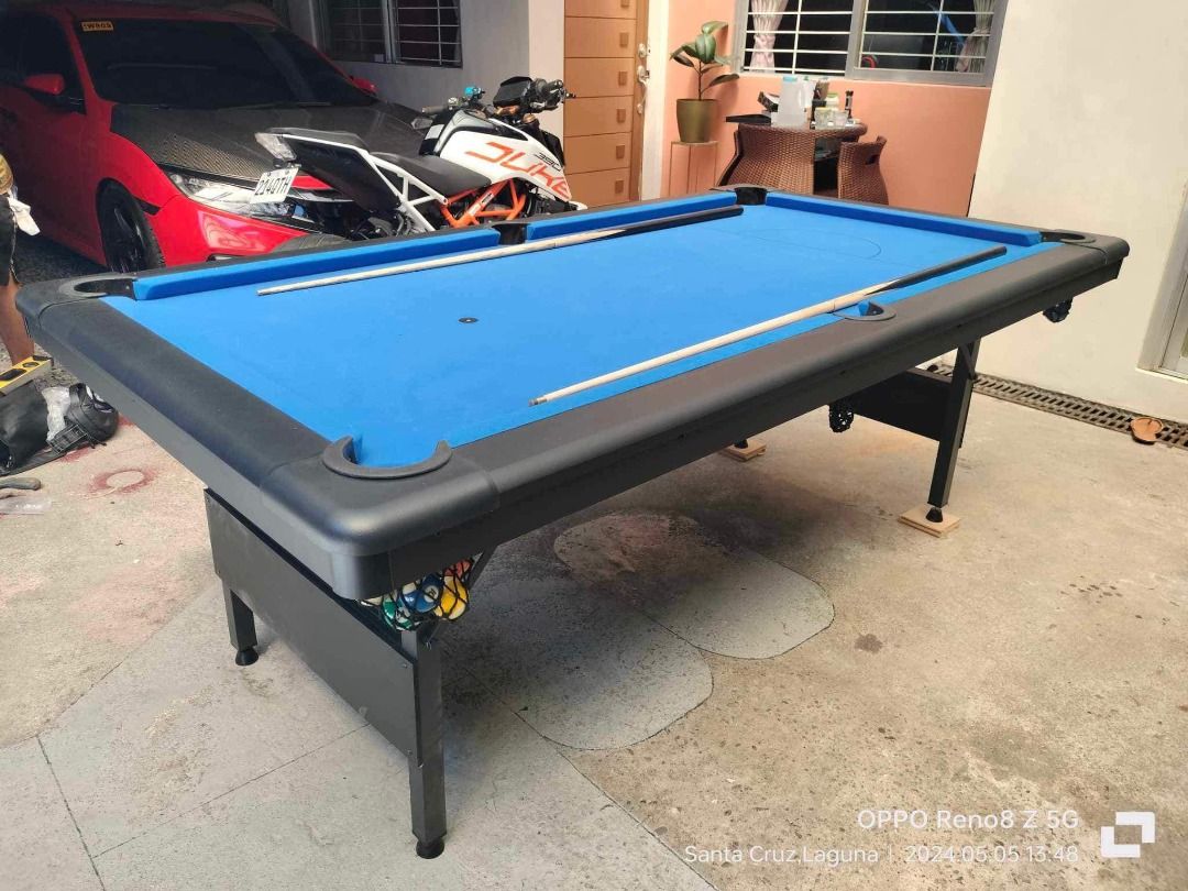 Brand New 4x7ft Foldable Imported Billiard Table/Billiard table (Category: Billiards and Bowling) located in San Pablo. Submitted by abw4reyes (Listing ID 1383903501, Image 2). Description: Brand New 4x7ft Foldable Imported Billiard Table Included Accessories: ✔ 2 1/4 Billiard Ball Set ✔ 2 1/4 Plastic Triangle ✔ 2pcs Billiard Cue Stick ✔ 2pcs Billiard Chalk Product Details: ✔ outside dimension L- 213 cm W- 116 cm H- 80 cm ✔ inside dimension /play