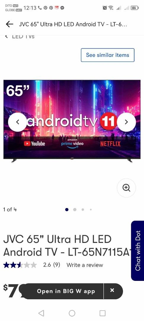 JVC Ultra HD Android tv 65in (Category: TV) located in Taytay. Submitted by mikz_1303 (Listing ID 1383984921, Image 1). Description: JVC Ultra HD Android tv 65in almost new Plastic still Intact Ultra Thin Bezels From New Zealand 220v Android 11 Complete Pick up in Taytay.