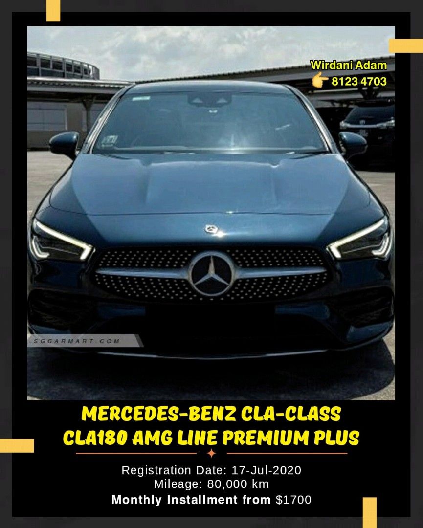 Mercedes-Benz CLA-Class Coupe CLA180 AMG Line Premium Plus (A) (Category: Used Cars) located in Singapore. Submitted by vr00mz (Listing ID 1379907145, Image 1). Description: Mercedes-Benz CLA-Class CLA180 AMG Line Premium Plus Registration Date: 17-Jul-2020 Mileage: 80,000 km 𝗠𝗼𝗻𝘁𝗵𝗹𝘆 𝗜𝗻𝘀𝘁𝗮𝗹𝗹𝗺𝗲𝗻𝘁 𝗳𝗿𝗼𝗺 $1700 𝗭𝗘𝗥0️⃣ 𝗗𝗼𝘄𝗻𝗽𝗮𝘆𝗺𝗲𝗻𝘁 𝗳𝗿𝗼𝗺 $2500 ⭐️ Comprehensive Servicing Packages ⭐️ Pre-Inspected Vehicles ⭐️ Up to 1