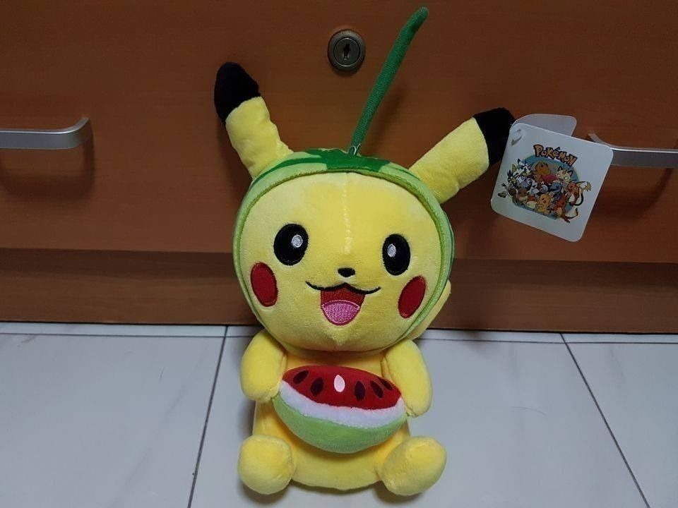 Pikachu Enjoying Watermelon Plush Toy (25cm) #MRTToaPayoh, Hobbies ...