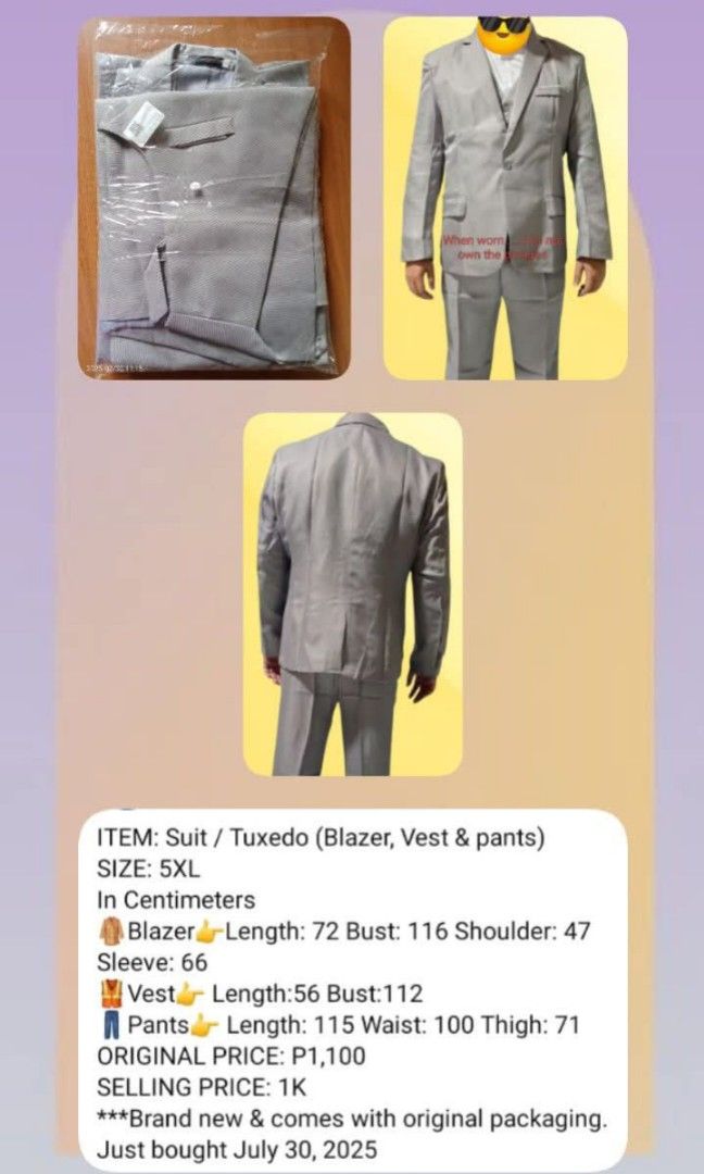 SUIT / TUXEDO (Coat, Vest & Pants) (Category: Coats, Jackets and Outerwear) located in Bulacan. Submitted by fairandfourcorner (Listing ID 1383947234, Image 1). Description: Please click picture and swipe left to see 4 uploaded photos and details.