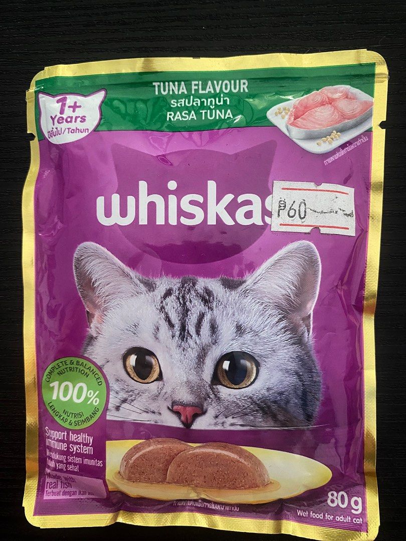 Whiskas Tuna Flavour 1yr+ (Category: Pet Food) located in Angono. Submitted by chyk.co (Listing ID 1383902577, Image 1). Description: 80g 1yr+ Complete & Balance nutrition Support healthy immune system Mode of Payment: Gcash/COD.
