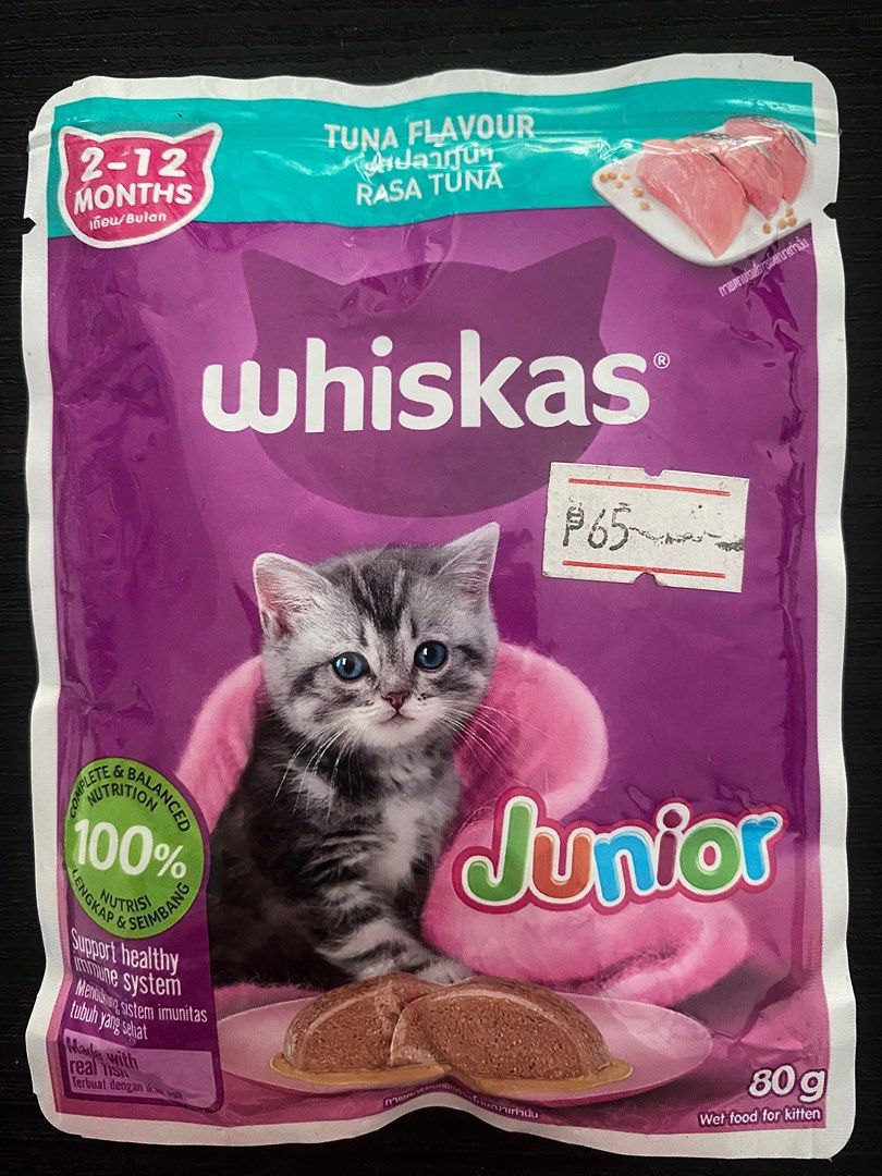 Whiskas Tuna Flavour Junior 2-12mos (Category: Pet Food) located in Angono. Submitted by chyk.co (Listing ID 1383903836, Image 1). Description: 80g 2-12mos Complete & Balanced Nutrition Support healthy immune system Mode of Payment: Gcash/COD.