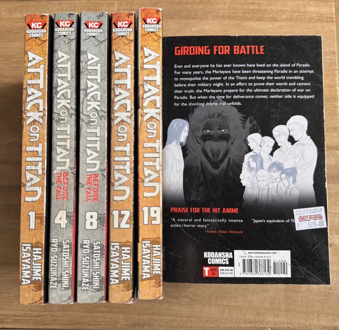 Attack on Titan (Category: Comics & Manga) located in San Pedro. Submitted by pageturner19 (Listing ID 1378693879, Image 1). Description: Books 1, 4, 8, 12,1 9 Foxing on the edges Price per book.