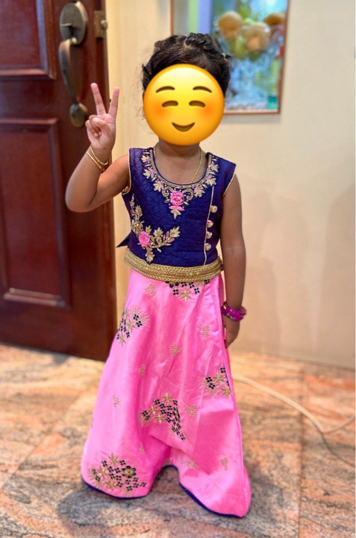 Beautiful pink and blue lehenga for kids (Category: Babies & Kids Fashion) located in Singapore. Submitted by linalvy (Listing ID 1378724790, Image 3). Description: This beautiful kids lehenga set is perfect for weddings, festive occasions, or traditional events. ✨ Size: Suitable for 18 to 24 month girls 🎨 Color: Navy blue blouse with bright pink lehenga 🧵 Material: Silk-blend fabric with detailed embroidery 🌸 Design Features: • Quilted navy b