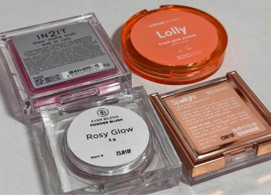 Blush Bundle (In2It, Colourette, EB, Spotlight) (Category: Makeup) located in Quezon City. Submitted by mahliknvrr (Listing ID 1378568880, Image 2). Description: - 850 if take all - all are like new, except the spotlight one (the marbled blush. ) - price of all is ₱ 1,544 • in2it blush in taffy - ₱ 400 •colourette blush in lolly - ₱ 499 • ever bilena blush in rosy glow - ₱ 250 • spotlight cosmetics blush in big night - ₱ 395.
