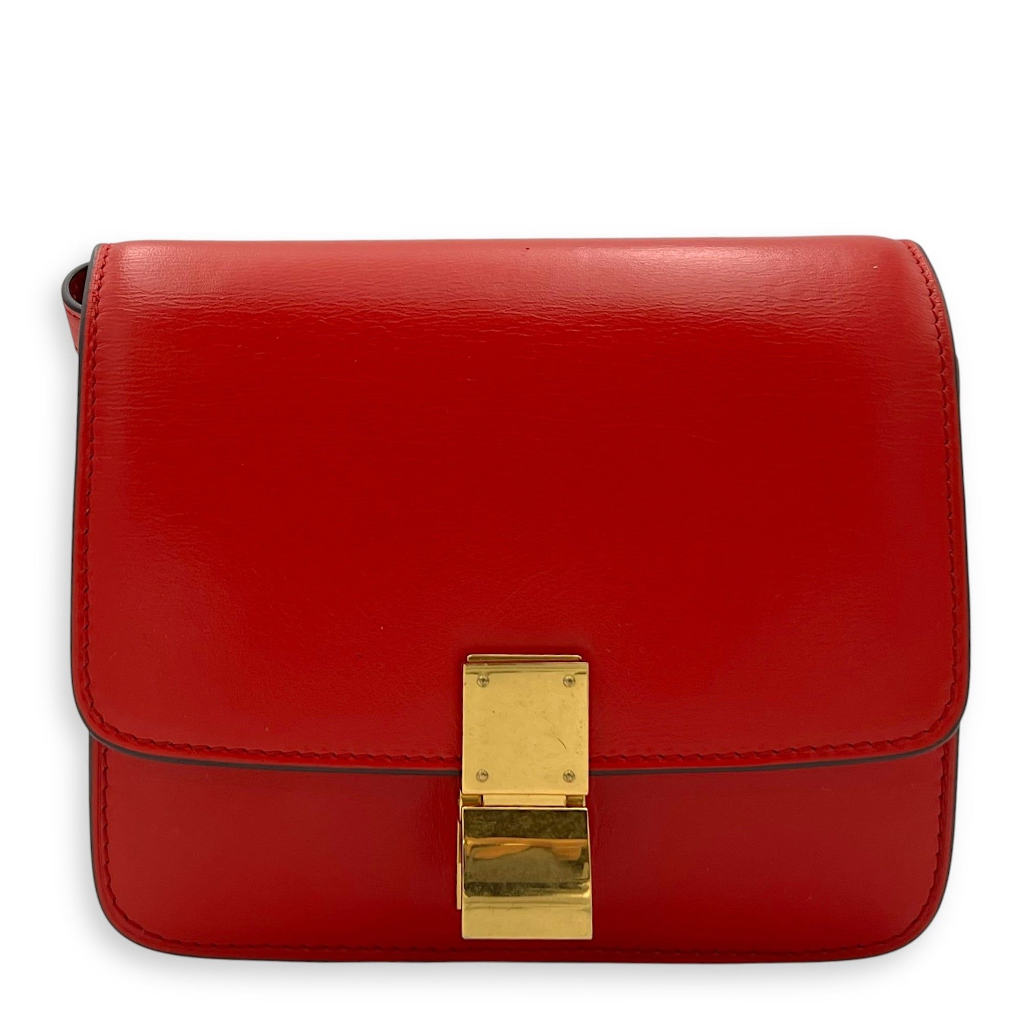 Celine Box Small Red Crossbody Bag in Calfskin, Gold hardware (Category: Bags & Wallets) located in Singapore. Submitted by carousellluxury (Listing ID 1378631425, Image 1). Description: SKU S2506-006879AN Material Calfskin Size Small Color Red Hardware Gold Strap Included, adjustable Dimension (L)16.5cm x (H)15cm x (W)6cm Accessories Series S-LA-4195 Circa Est 2015 Microchipped FALSE PS: Available for Private-Viewing, Standard and Express delive