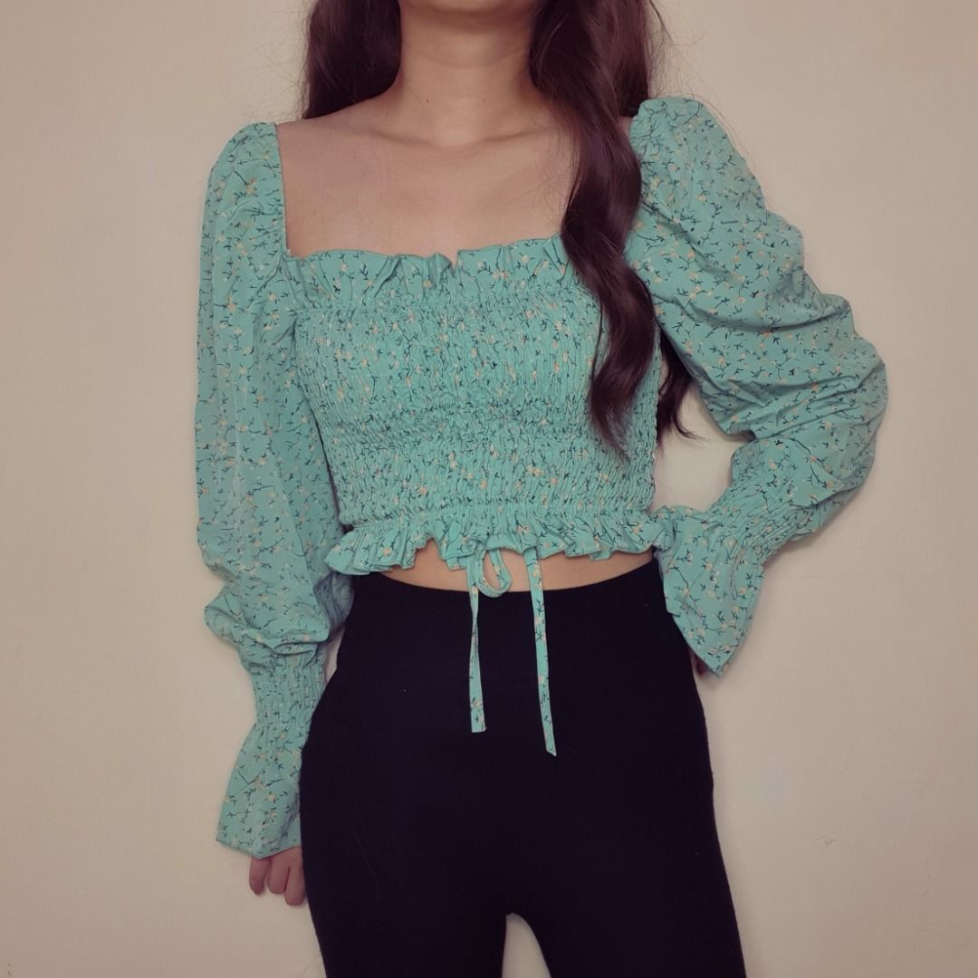 Cute Flower Top Long Sleeves Korean Style Crop Top Green