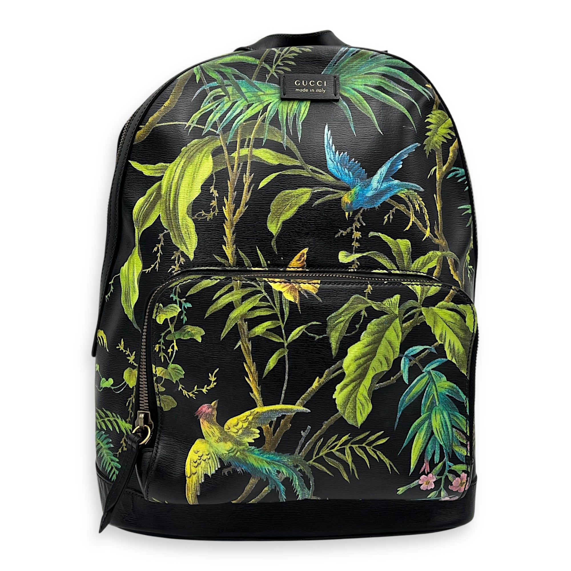 Gucci Tropical Print Backpack Black in Calfskin, Gold hardware (Category: Bags & Wallets) located in Singapore. Submitted by carousellluxury (Listing ID 1378586194, Image 1). Description: SKU S2506-006894AN Material Calfskin Color Black Hardware Gold Strap Not IncludedDimension 31cm x 40cm x 16cm Accessories Series 493075 Circa Est NA Microchipped FALSE PS: Available for Private-Viewing, Standard and Express delivery - Surface: good condition ove