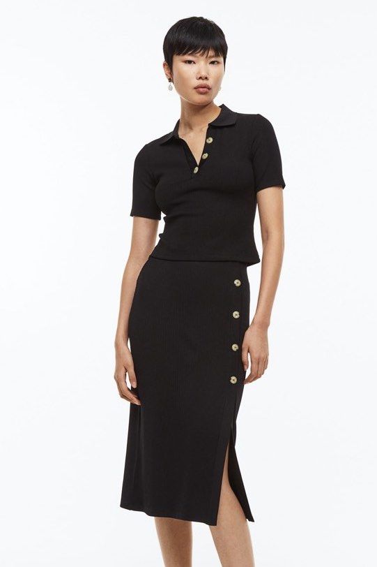 H&M Collared Top & Button Ribbed Skirt (Category: Sets or Coordinates) located in Quezon City. Submitted by cesssl (Listing ID 1378605315, Image 1). Description: Never worn Original price is 2,739.