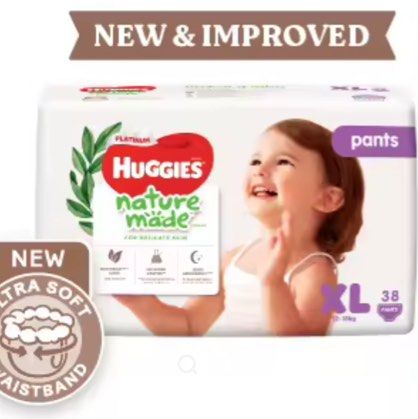 Huggies Nature Made Pants XL 38s (Category: Diapers & Baby Wipes) located in Singapore. Submitted by siiaoace_ (Listing ID 1378619911, Image 1). Description: 1 pack $17 2 pack $34 3 pack $48 Self collection at 341110 Courier for $5 New and improved Huggies Nature Made pants diapers. XL size with 38 pieces. Features ultra soft waistband. Suitable for delicate skin..