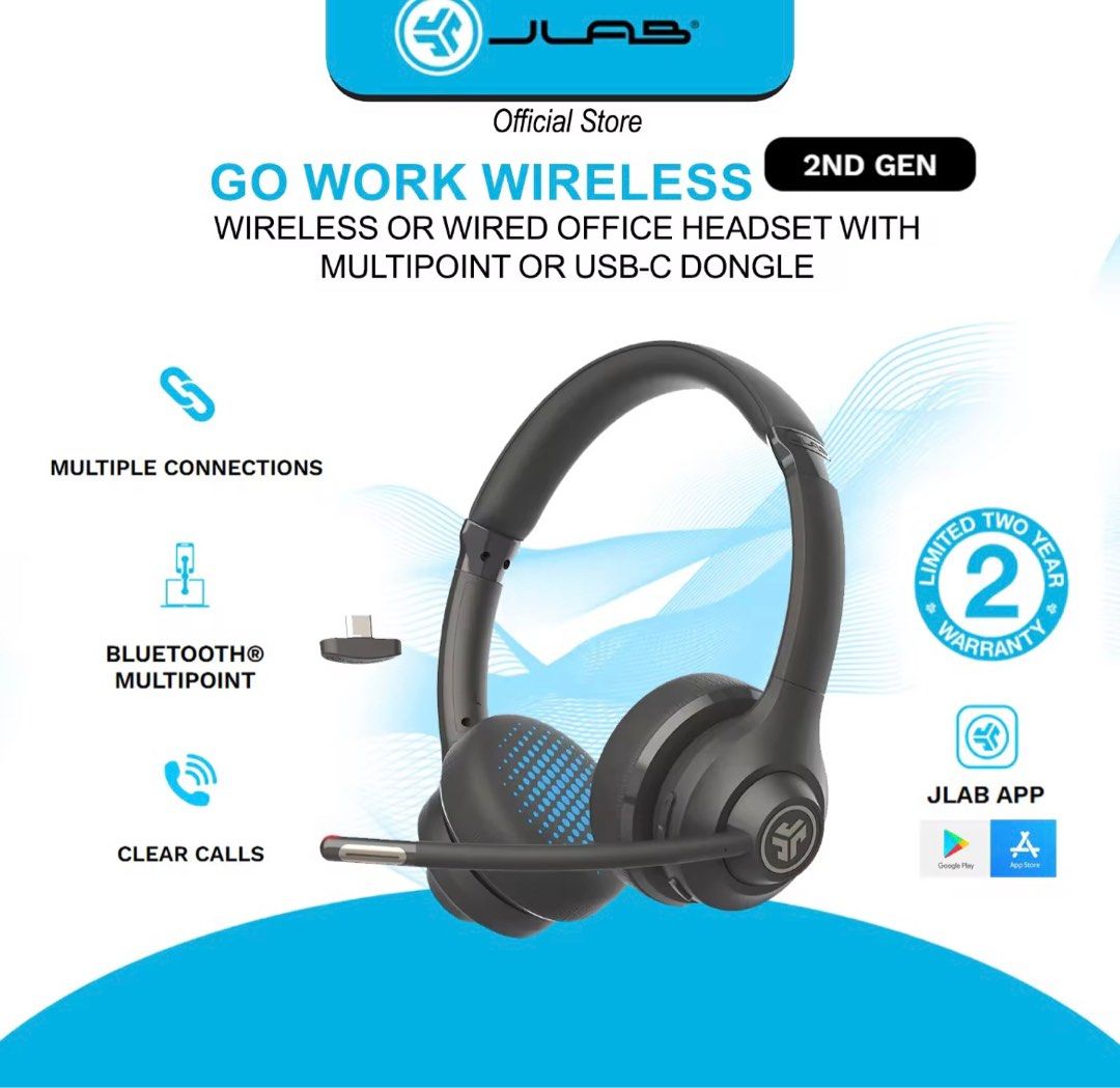 JLab Go Work Wireless 2nd Gen Office Headset (Category: Headphones & Headsets) located in Singapore. Submitted by bullfrog_with_wine (Listing ID 1378613396, Image 1). Description: Brand new JLab Go Work Wireless 2nd Gen office headset. Features wireless or wired connectivity, multipoint connection, and a USB-C dongle. Enjoy clear calls and Bluetooth multipoint..